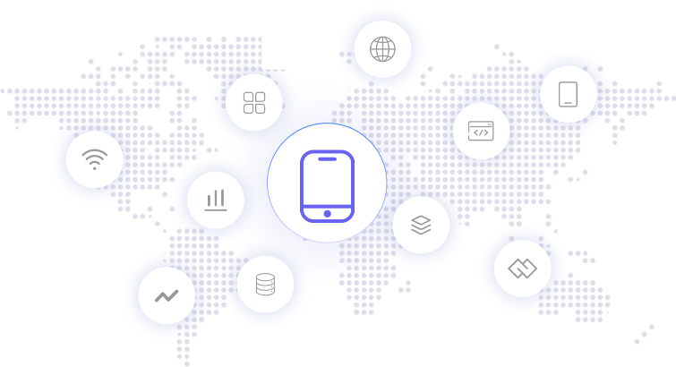 Illustration of OkkProxy’s mobile dynamic proxy network with 4G and 5G rotating IPs powering multiple mobile use cases like advertising, data collection, and geo-targeting.