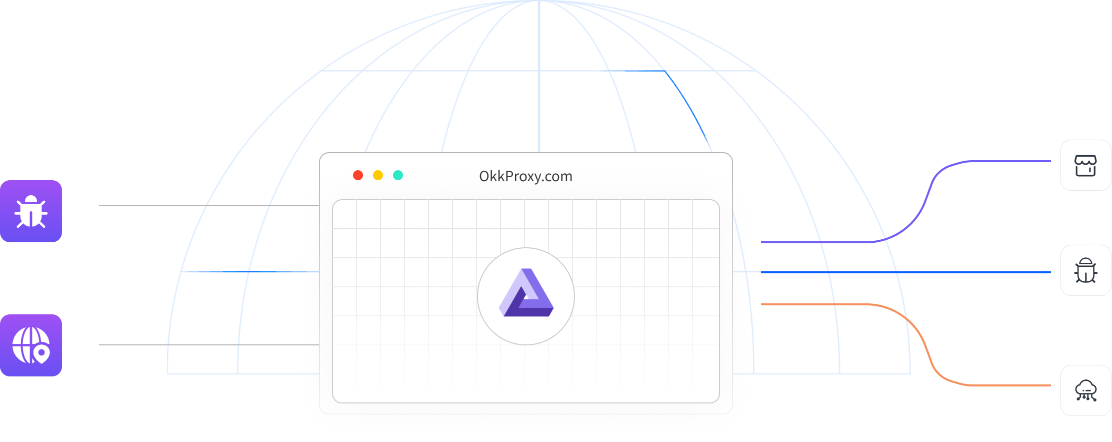 OkkProxy global proxy dashboard showing residential proxies, ISP proxies, datacenter proxies, and rotating IP routes for high-speed and secure proxy services.