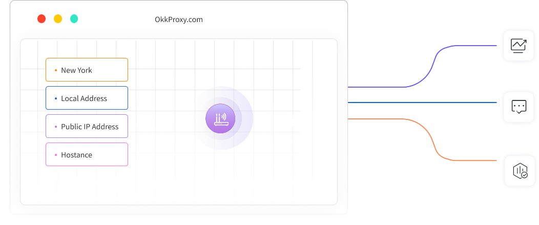 Visual representation of OkkProxy’s static ISP proxies, showcasing unique local and public IP address locations for stable, high-performance proxy services.
